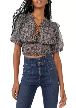 Buy ❤️ Free People Peach Combo Puff Sleeve Floral Top ⭐